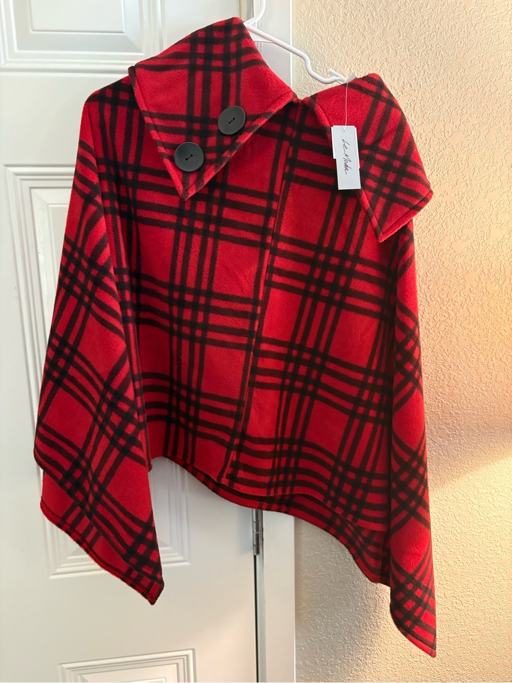 Le Moda Red and Black Plaid Poncho w/ Button Collar